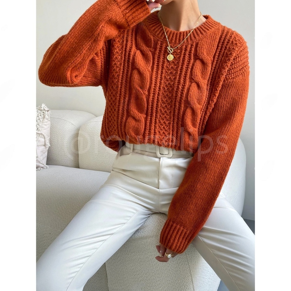 Rust Brown Cable Knit Sweater Pullover - Picture 2 of 7